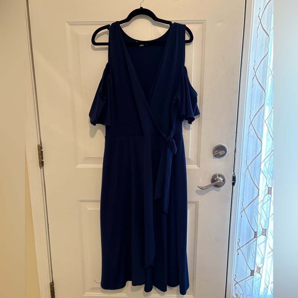 Navy cold-shoulder plus size faux-wrap dress